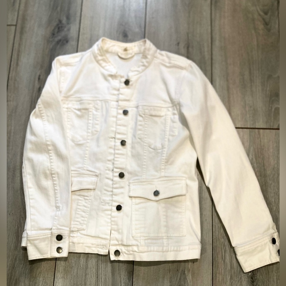 Eileen Fisher Small Cotton Stretch Denim Jean Trucker Button Up White Jacket